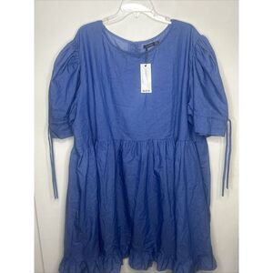 Boohoo Size 28‎ Blue Button Down Frot Dress With Bottom Ruffle